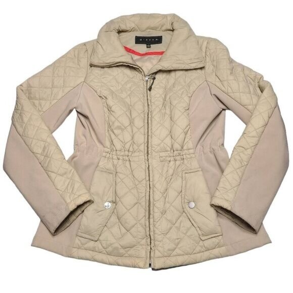 Giacca tan quilted puffer coat with elastic side panel and cinch waist small - Picture 4 of 14